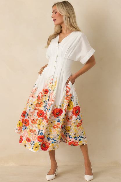 What Comes Next White Multi Cotton Floral Midi Dress