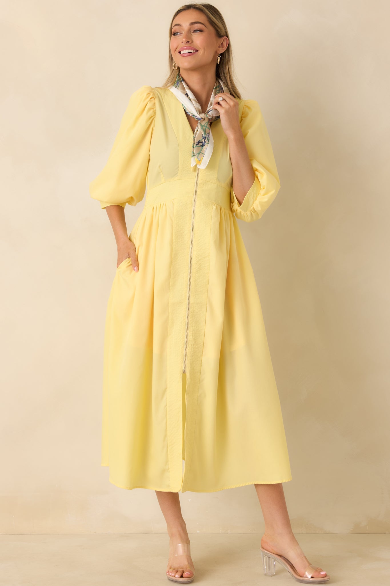 To Be Fair Daffodil Yellow Blouson Sleeve Zip Up Midi Dress