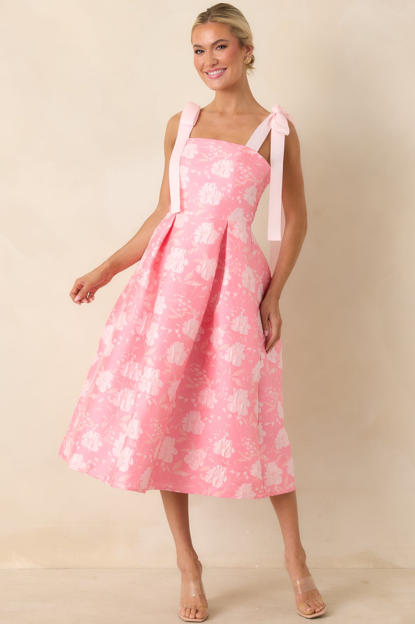Sweet Disposition Pink Floral Jacquard Tie Strap Midi Dress