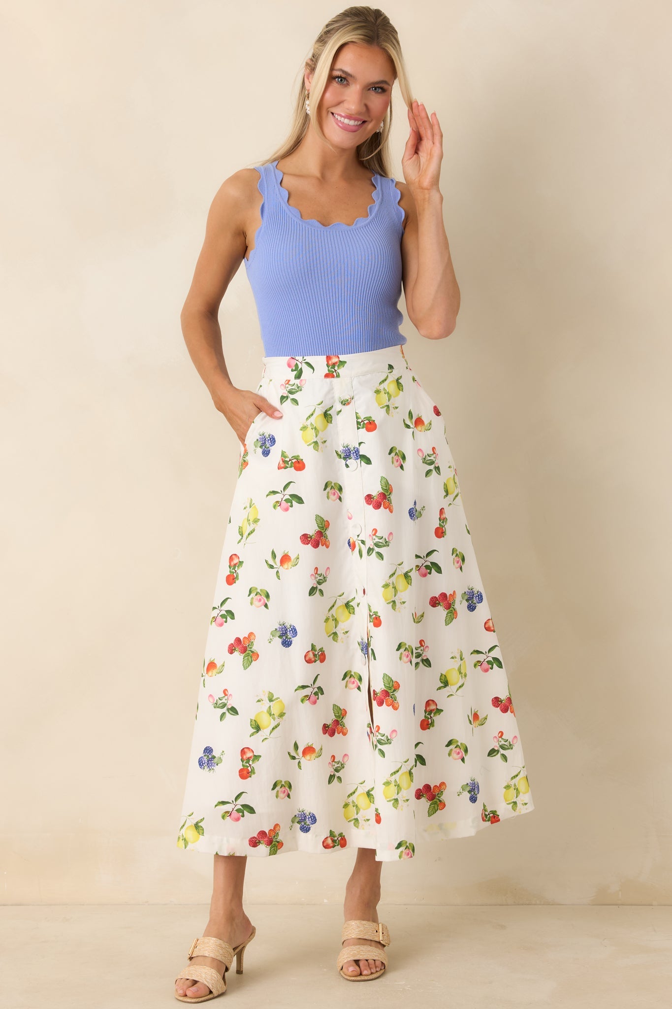 Pick of the Season White Multi Cotton Fruit Print Midi Skirt