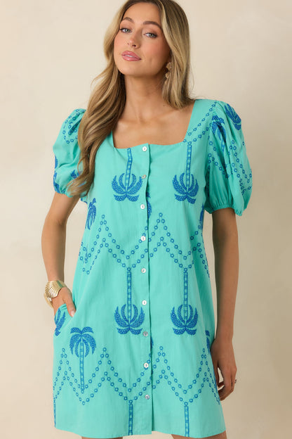 Coastal Rhythm Teal Palm Embroidered Cotton Puff Sleeve Mini Dress