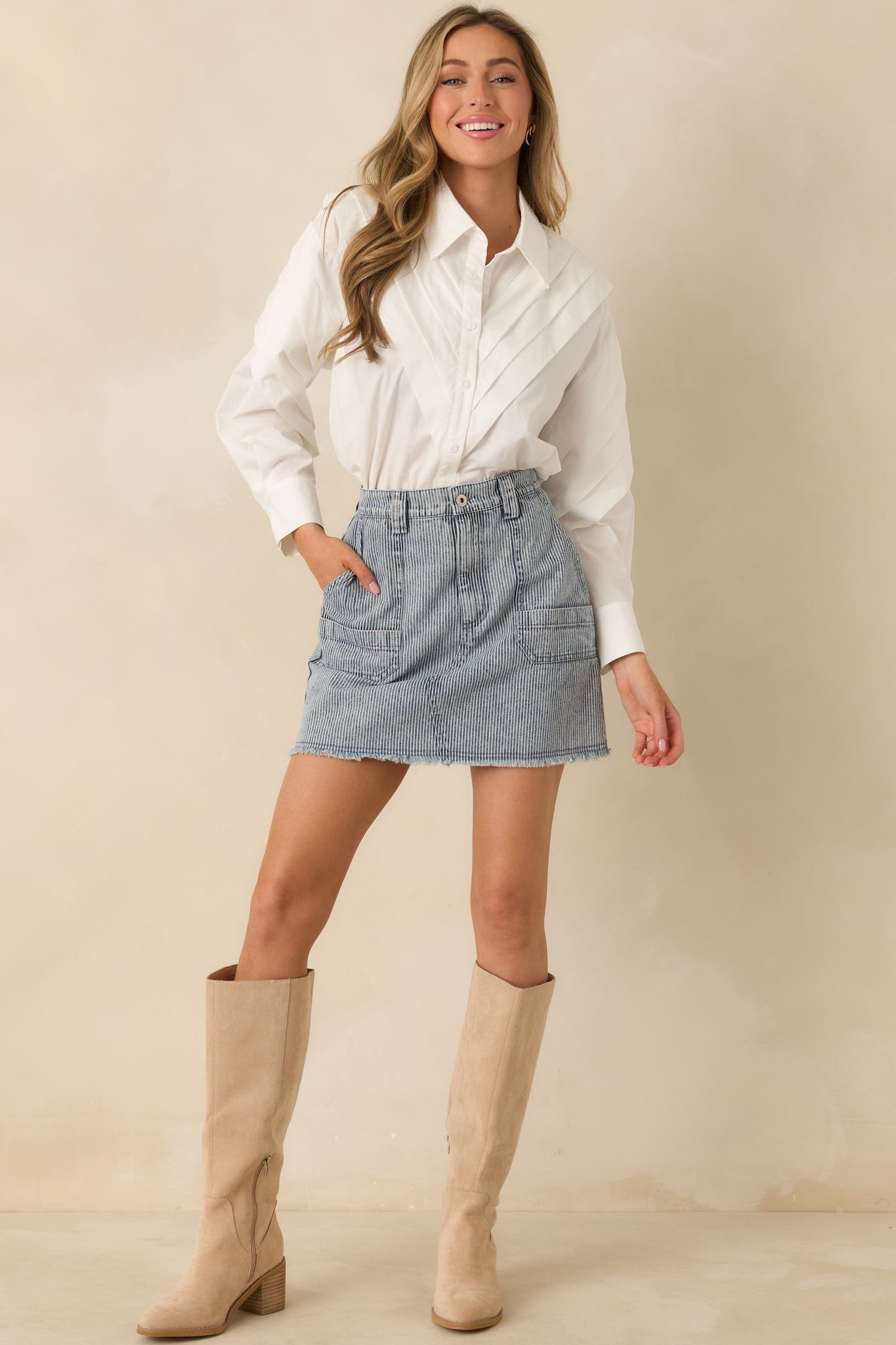 Off the Beaten Path Distressed Blue Stripe Cotton Denim Mini Skirt