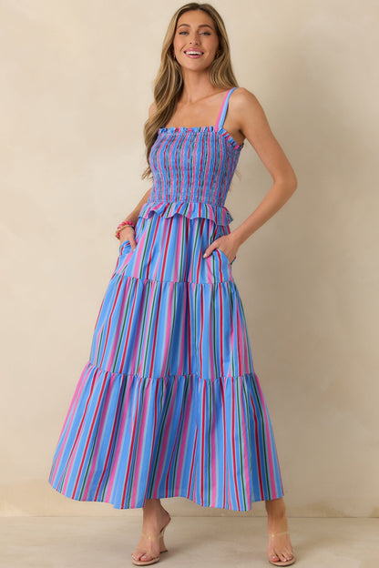 Sunny Side Up Blue Multi Stripe Cotton Smocked Tiered Maxi Dress