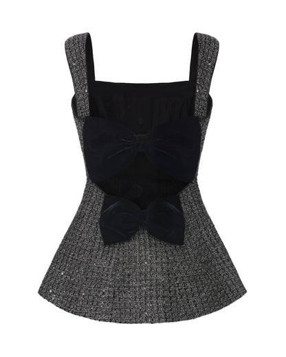Annabella Textured Woven Black & Silver Bow Top