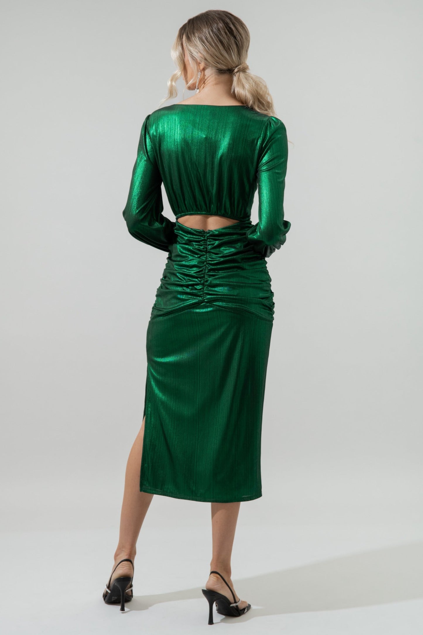 Cannes Liquid Satin Ruched Cut Out Midi Dress