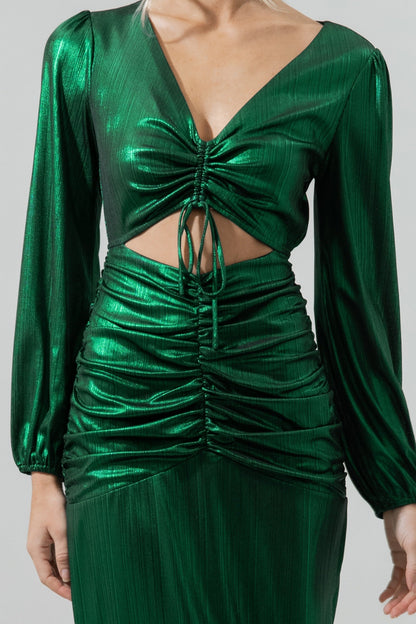 Cannes Liquid Satin Ruched Cut Out Midi Dress