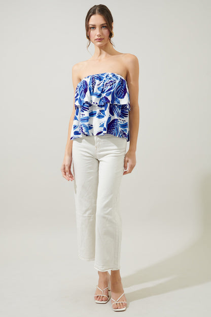 Dawson Palm Print Strapless Ruffle Top