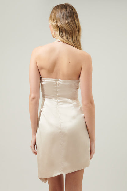 Bachata Satin Asymmetrical Hatler Mini Dress