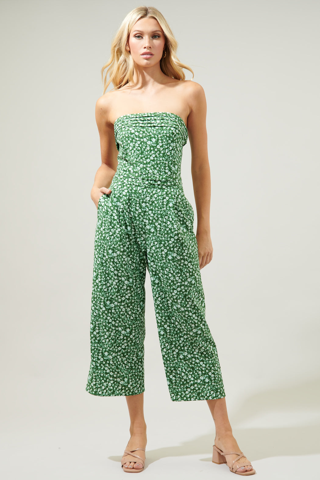 Adieu Floral Free Flow Strapless Pleated Cropped Jumpsuit