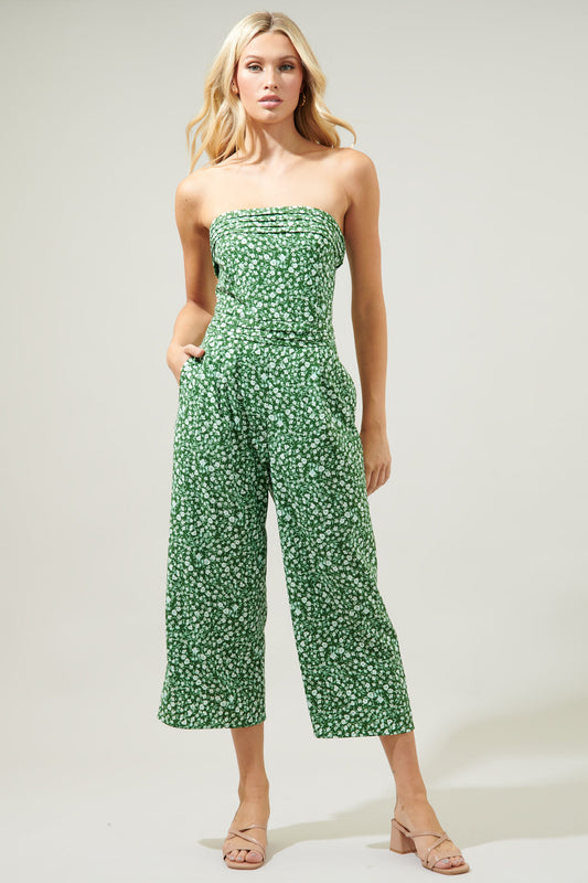 Adieu Floral Free Flow Strapless Pleated Cropped Jumpsuit
