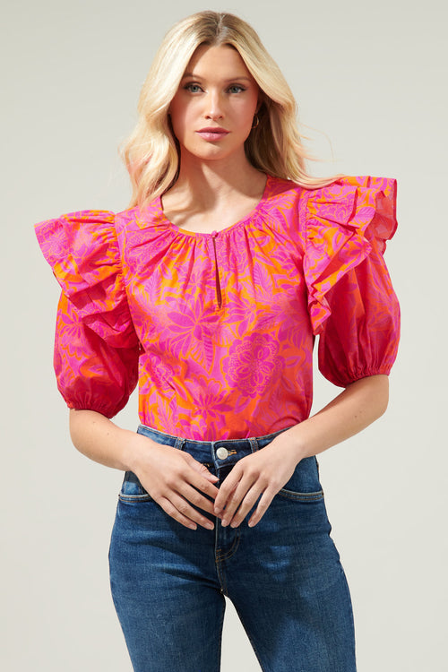 Bali Tropics Flores Poplin Ruffle Short Sleeve Top