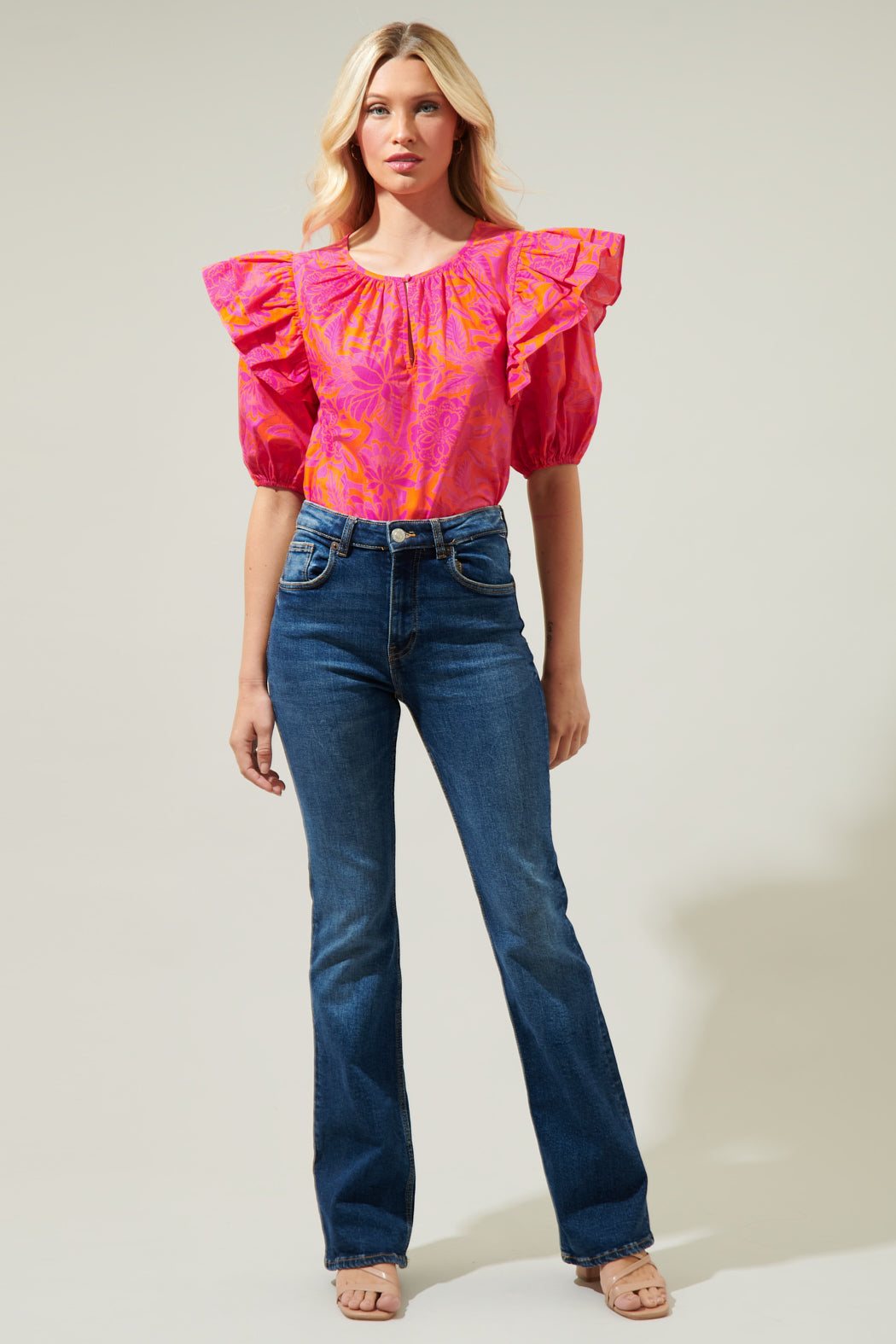 Bali Tropics Flores Poplin Ruffle Short Sleeve Top