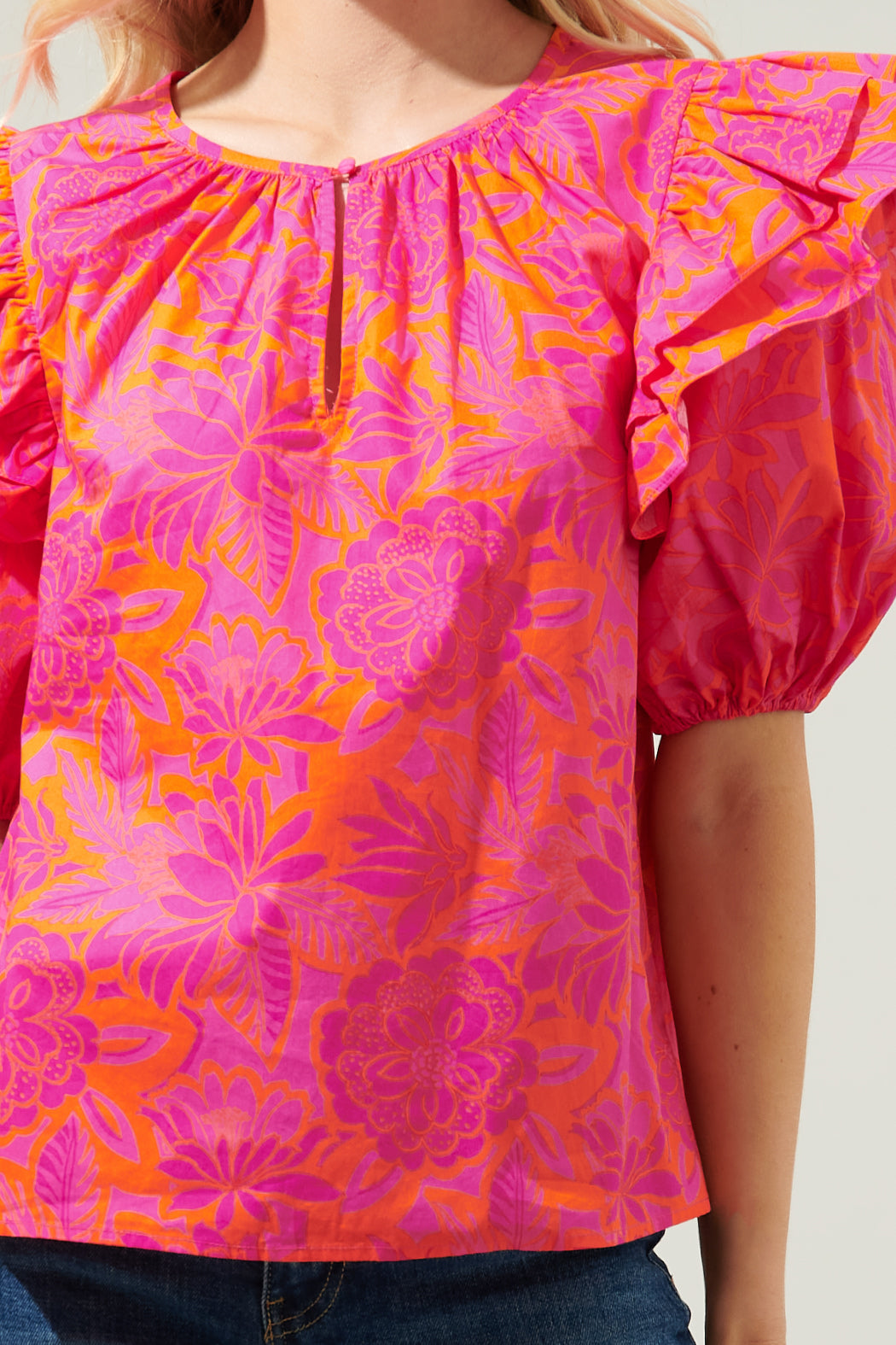 Bali Tropics Flores Poplin Ruffle Short Sleeve Top
