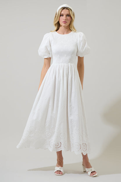 Deana Eyelet Smocked Midi Dress