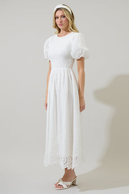 Deana Eyelet Smocked Midi Dress