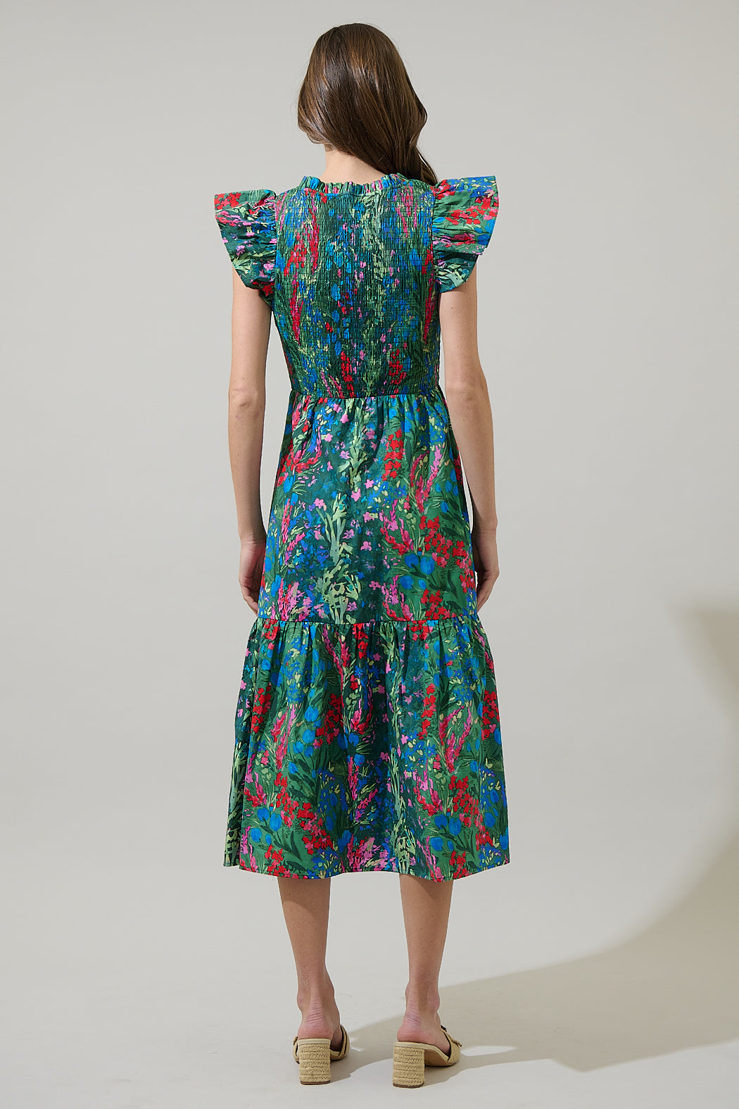 Devin Floral Glare Smock Tiered Midi Dress