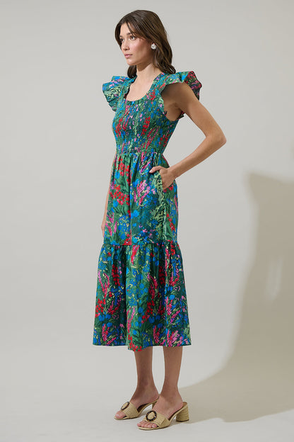 Devin Floral Glare Smock Tiered Midi Dress