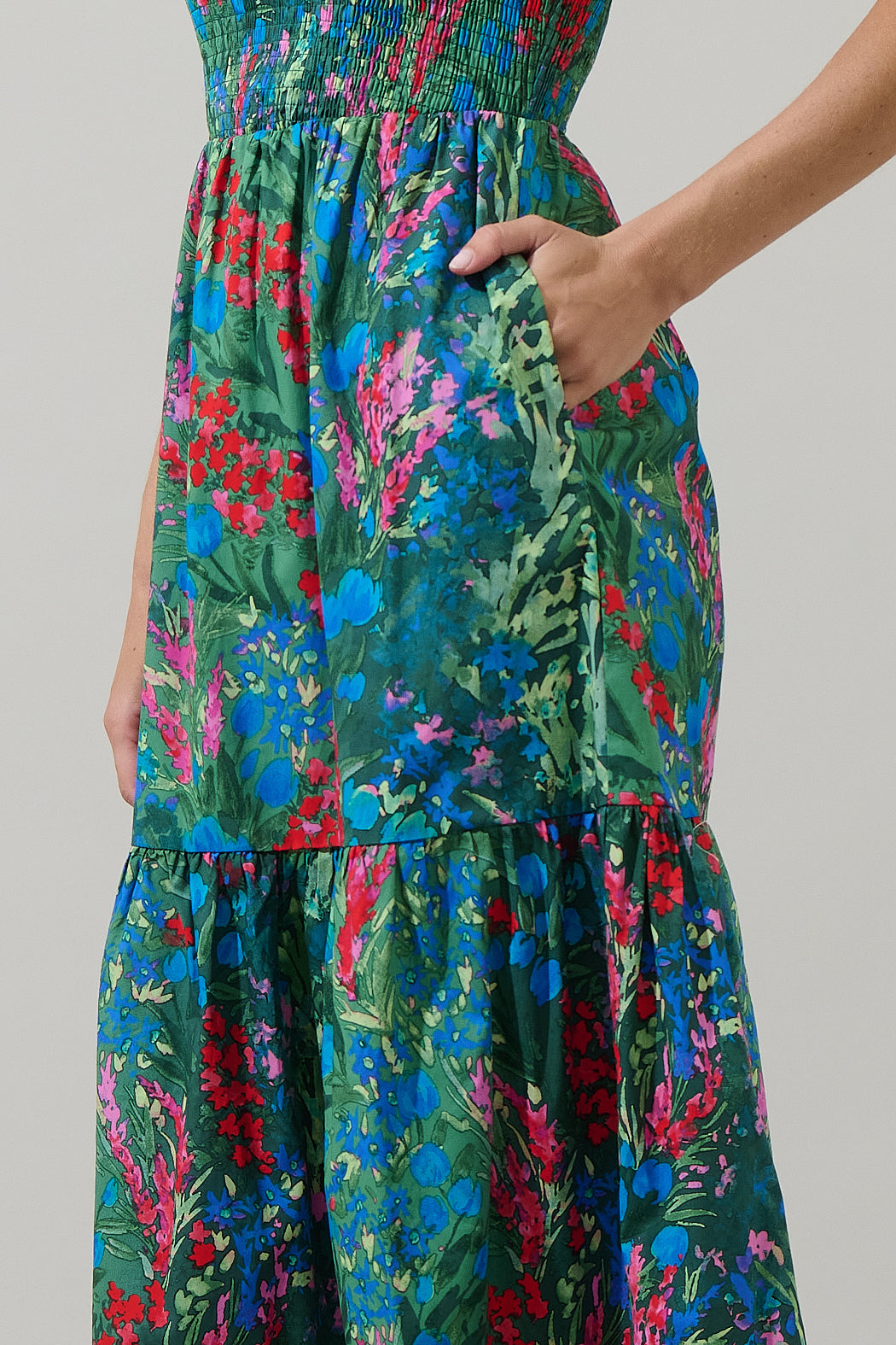 Devin Floral Glare Smock Tiered Midi Dress