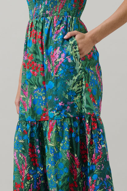 Devin Floral Glare Smock Tiered Midi Dress