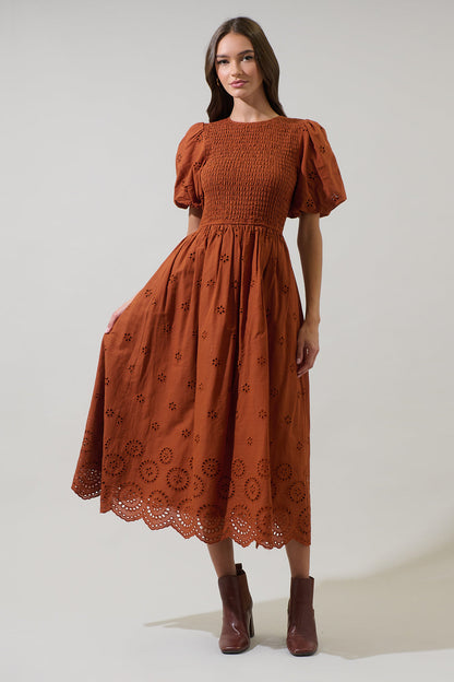 Deana Eyelet Smocked Midi Dress