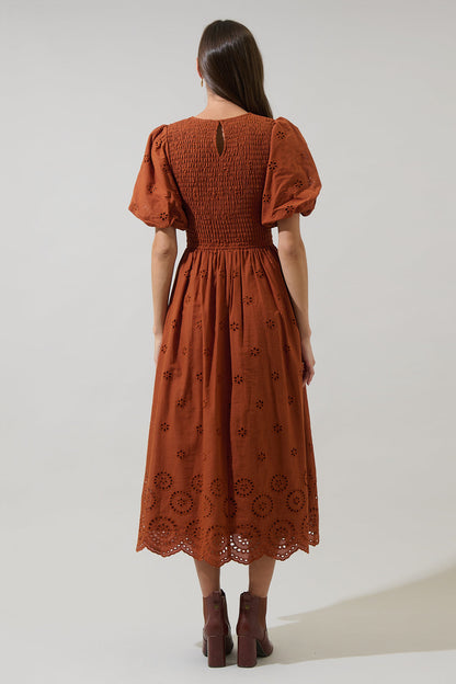 Deana Eyelet Smocked Midi Dress