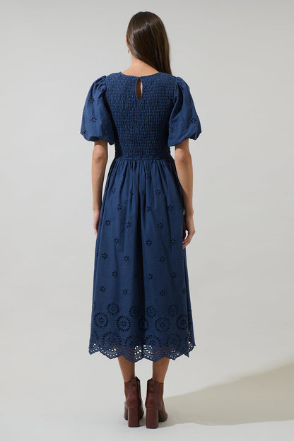 Deana Eyelet Smocked Midi Dress