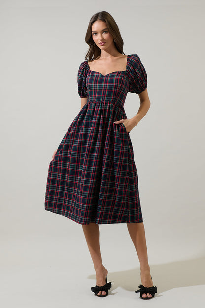 Arvada Plaid Alessi Puff Sleeve Midi Dress