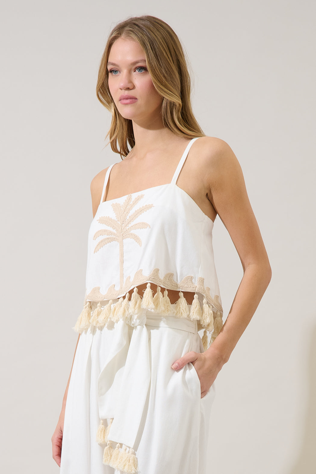 Biela Palm Tassel Trim Crop Top