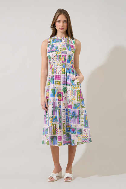 Caren Smocked Sleeveless Midi Dress Postcard