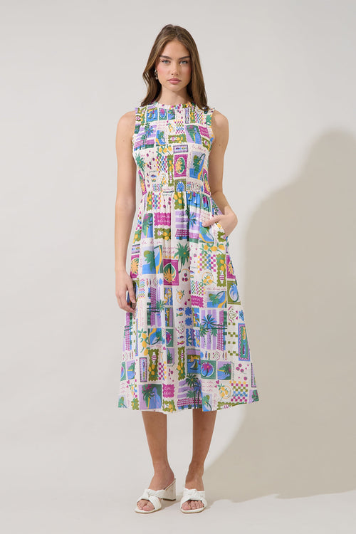 Caren Smocked Sleeveless Midi Dress Postcard