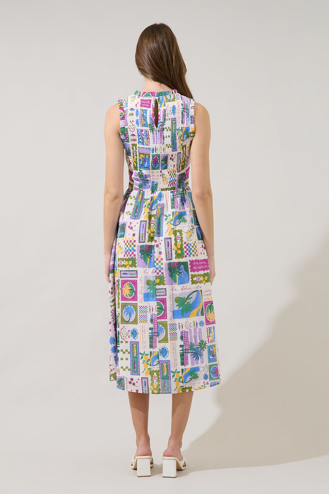 Caren Smocked Sleeveless Midi Dress Postcard
