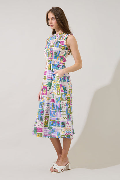 Caren Smocked Sleeveless Midi Dress Postcard