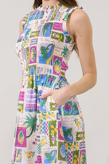 Caren Smocked Sleeveless Midi Dress Postcard