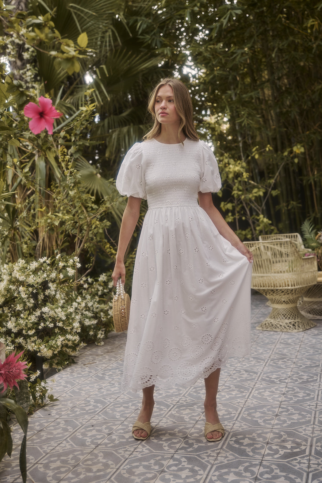 Deana Eyelet Smocked Midi Dress