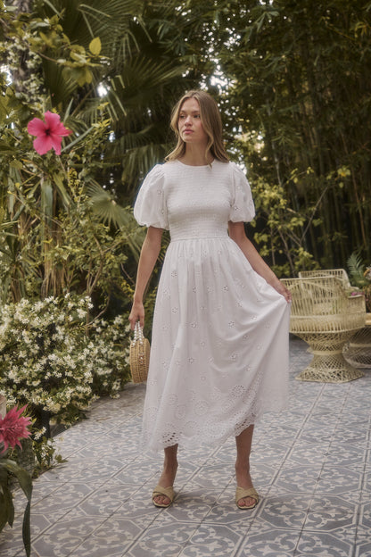 Deana Eyelet Smocked Midi Dress