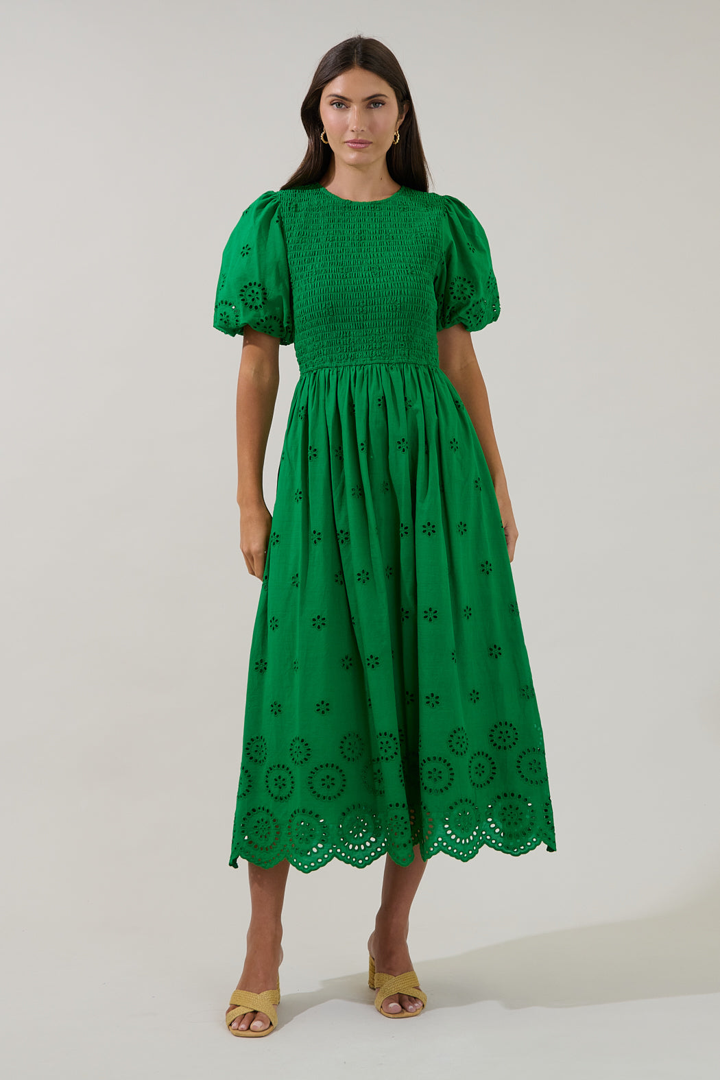 Deana Eyelet Smocked Midi Dress