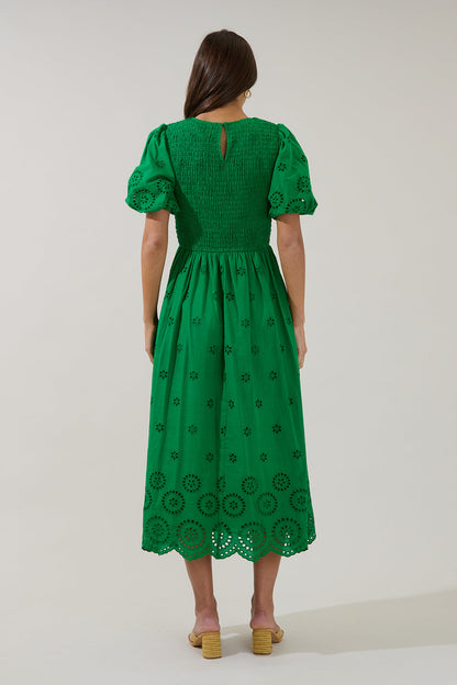 Deana Eyelet Smocked Midi Dress
