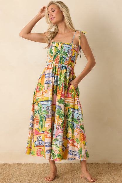 Paradisa Havana Multi Coastal Village Print Cotton Midi Dress