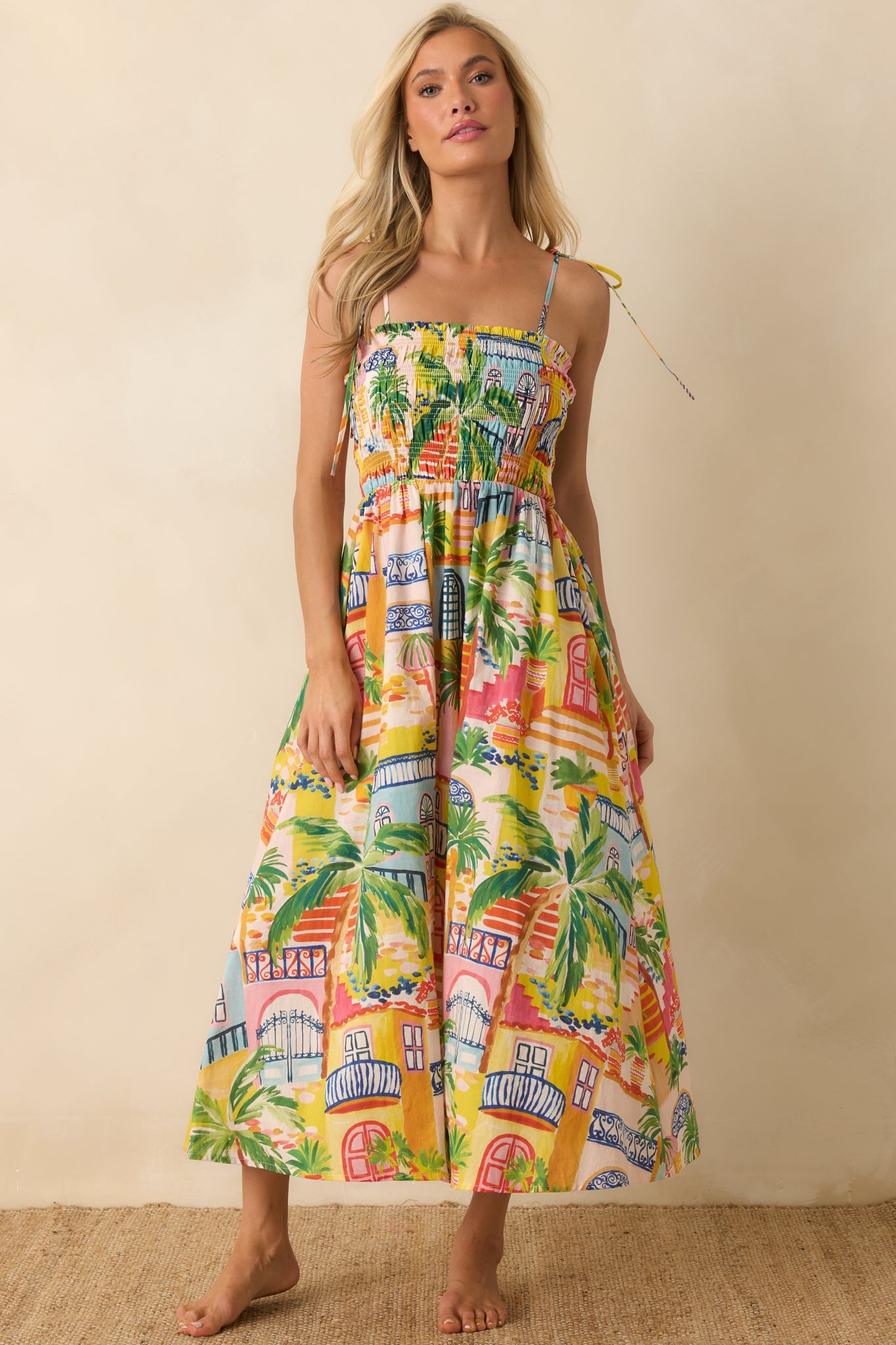 Paradisa Havana Multi Coastal Village Print Cotton Midi Dress