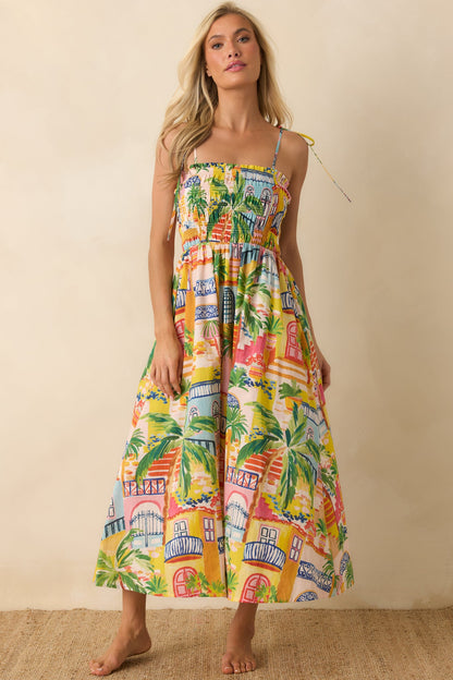 Paradisa Havana Multi Coastal Village Print Cotton Midi Dress