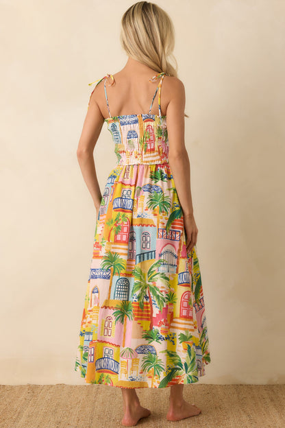 Paradisa Havana Multi Coastal Village Print Cotton Midi Dress