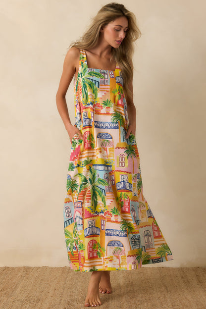 Paradisa Grenada Multi Coastal Village Print Cotton Maxi Dress