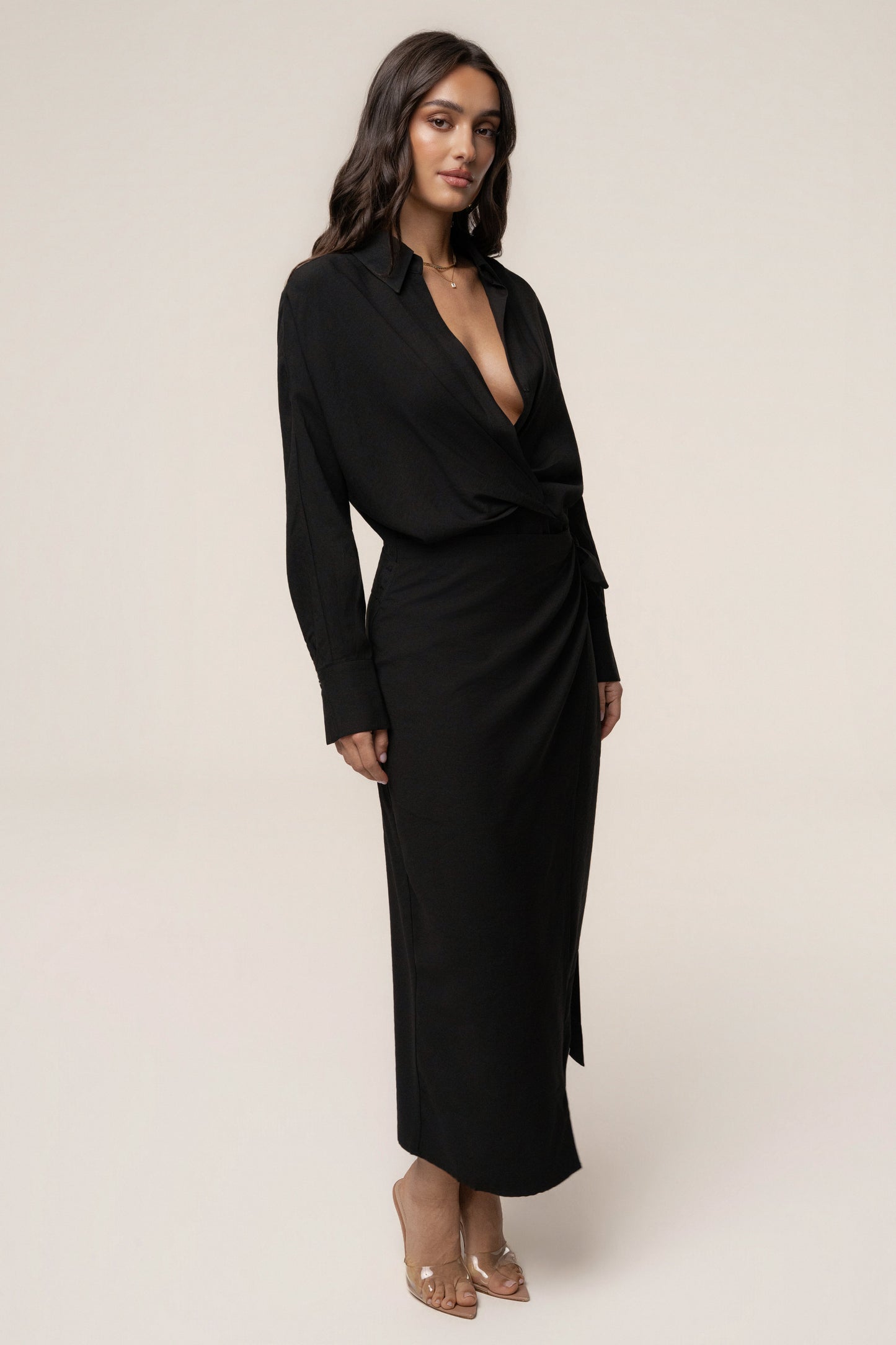 Black Skyline Wrap Midi Dress