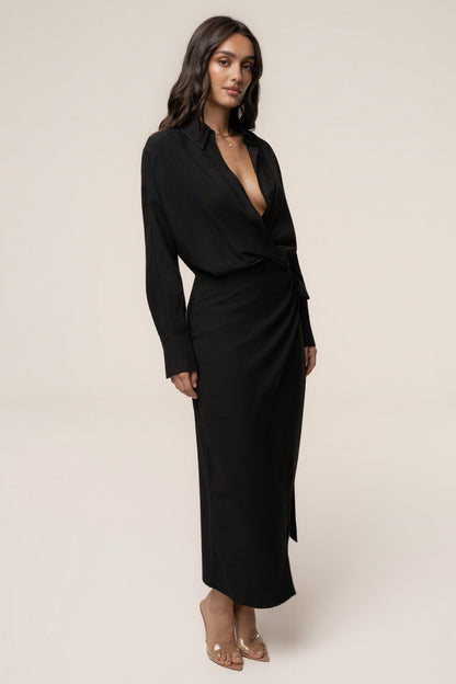 Black Skyline Wrap Midi Dress