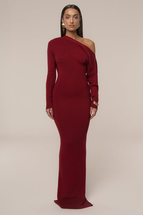 Red Night Shimmers Asymmetrical Maxi Dress