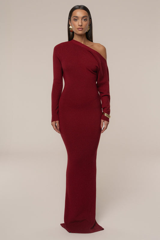 Red Night Shimmers Asymmetrical Maxi Dress
