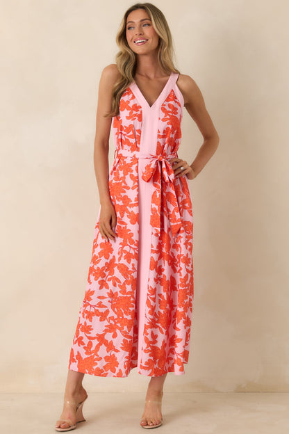 Living For It Orange & Light Pink Floral V-Neck Tie Belt Dress