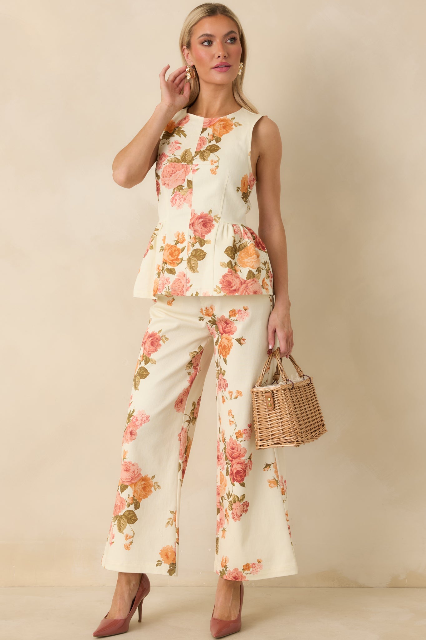 Grace in Motion Pink Floral Print Cotton Wide Leg Pants