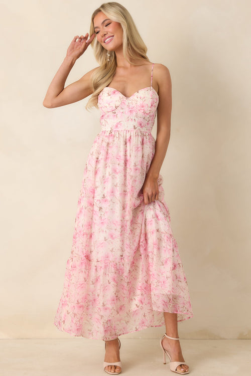 Love Me Softly Pink Floral Bustier Maxi Dress