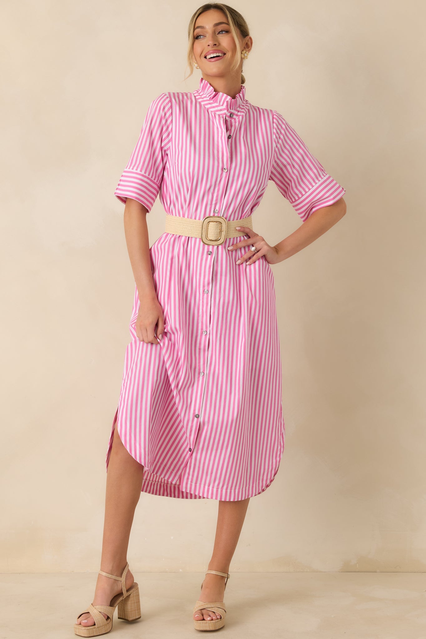In Perfect Order Pink Stripe Button Front Ruffle Collar Midi Shirt Dress